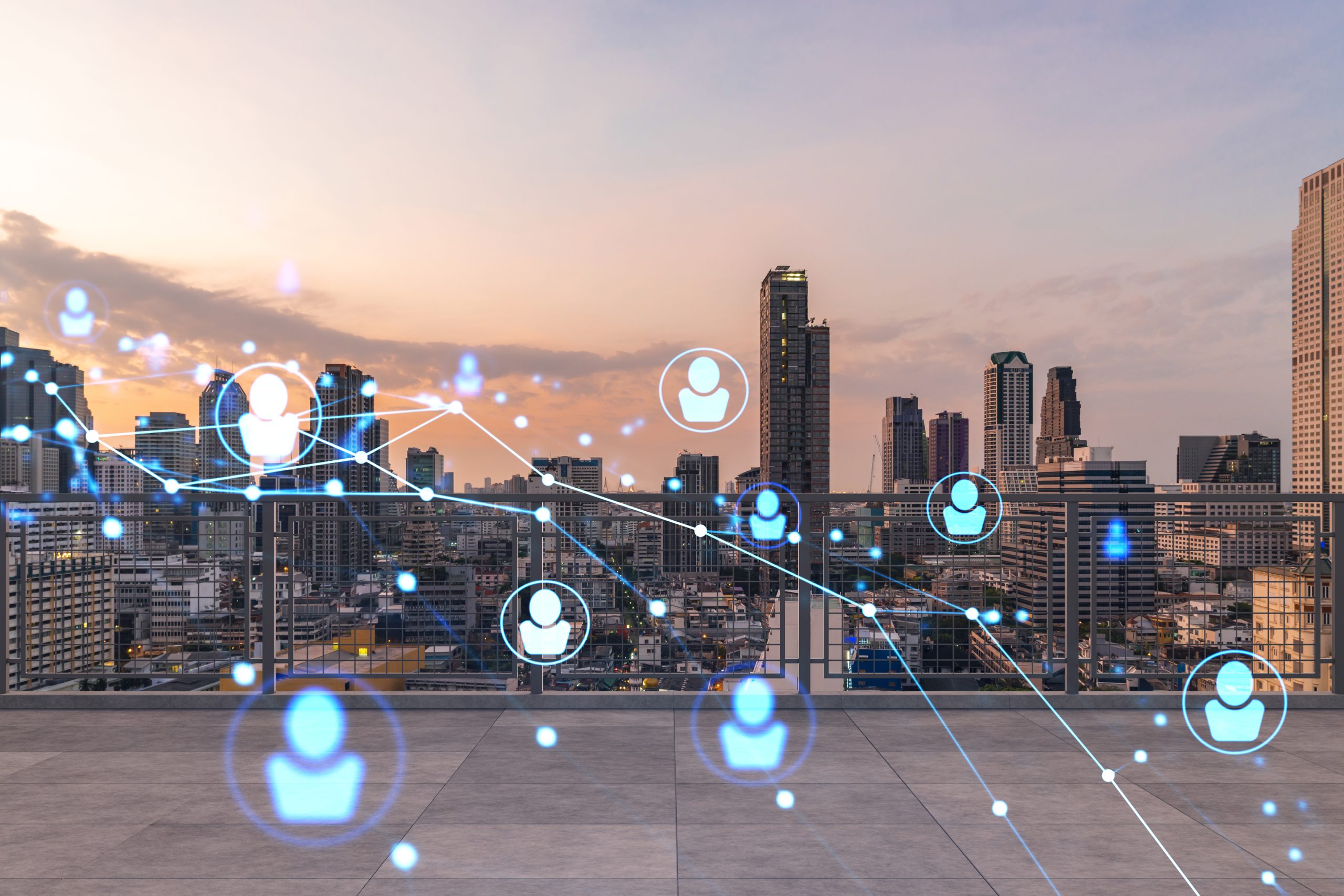 rooftop with concrete terrace bangkok sunset skyline recruitment process hire candidates international business consulting hr networking digital icons city downtown double exposure scaled