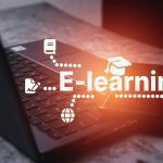 laptop desktop with elearning futuristic interface use computer online study