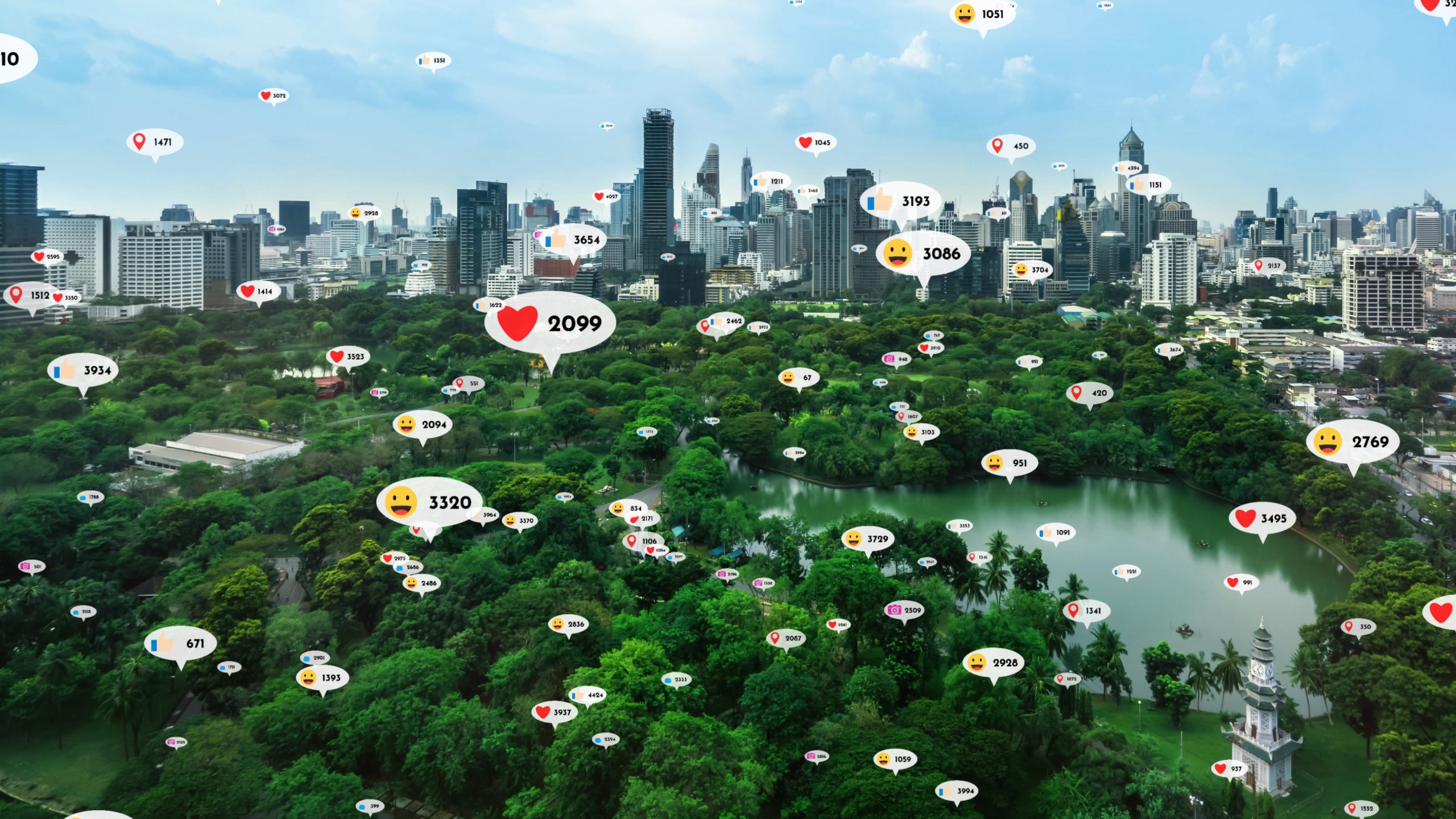 social media icons fly city downtown showing people reciprocity connection scaled