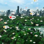 social media icons fly city downtown showing people reciprocity connection 1