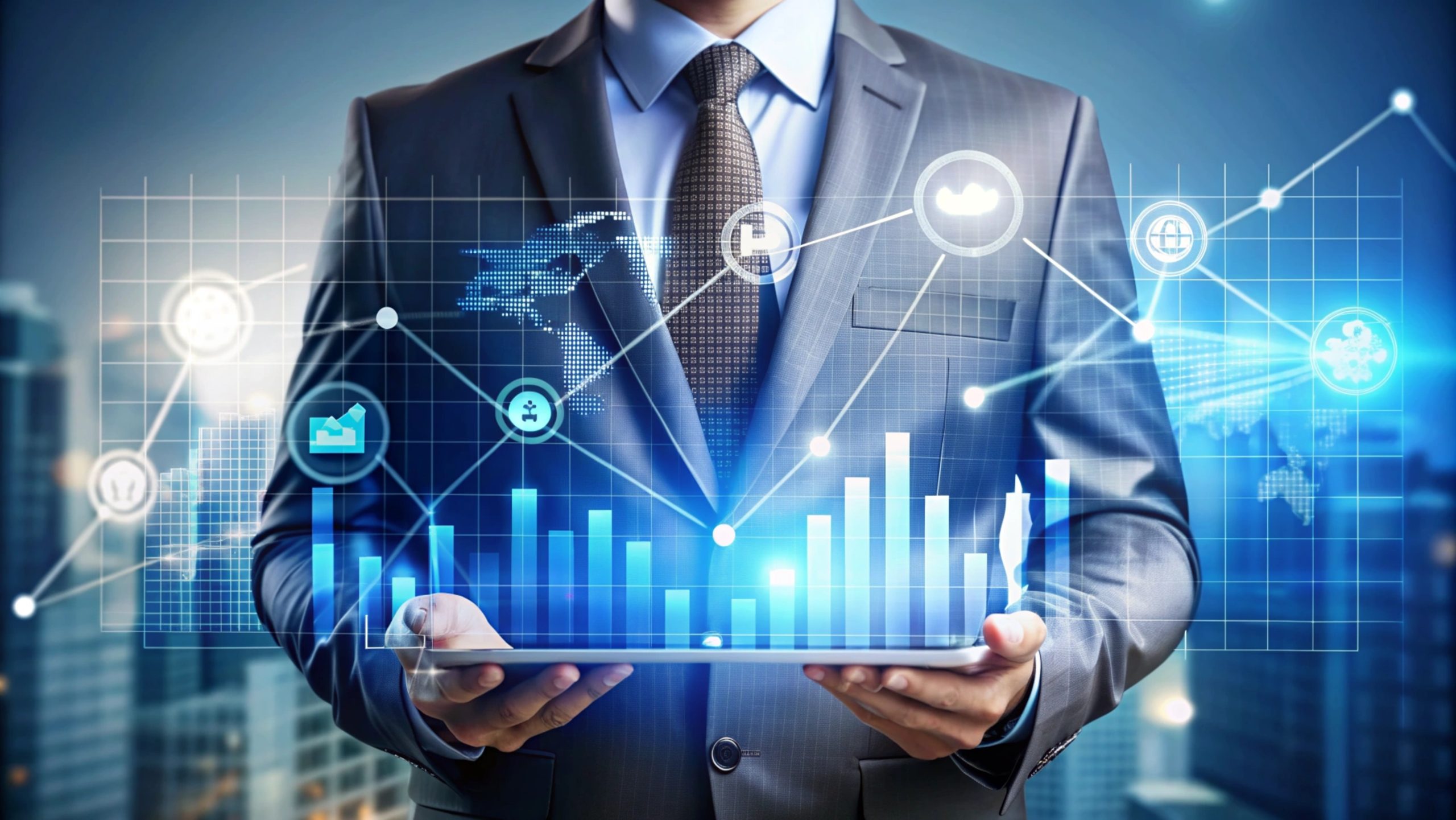 businessman holding tablet with financial growth chart scaled